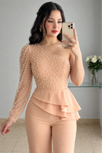 Enterizo Melocotón Tul Perlas Manga Larga Peplum Pantalón Recto cod.E0002