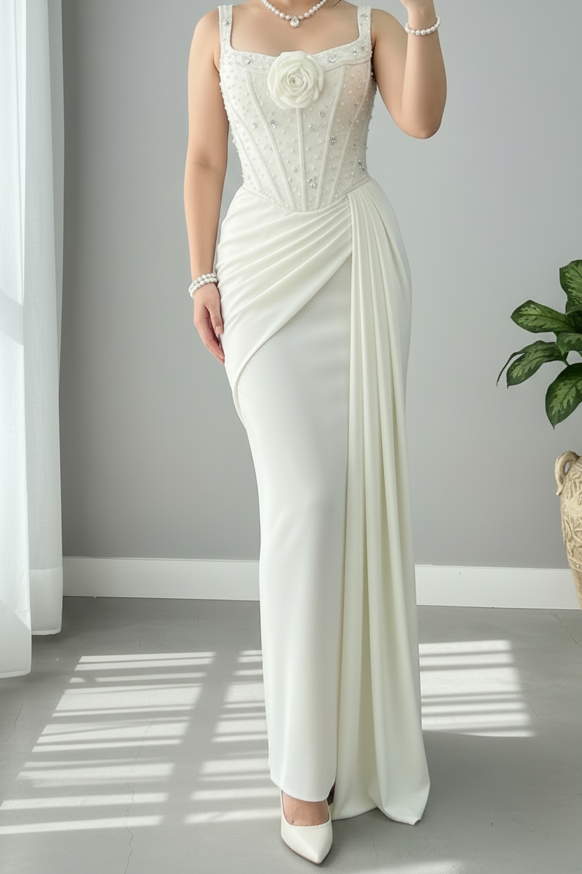 Vestido Blanco Marfil Tirantes Corset con Perlas Rosa 3D y Drapeado cod.812