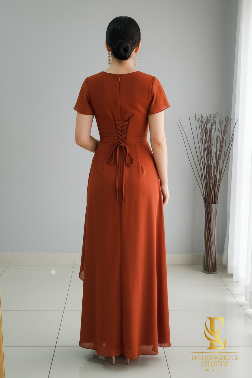 Vestido Terracota Drapeado Manga Corta cod.V344