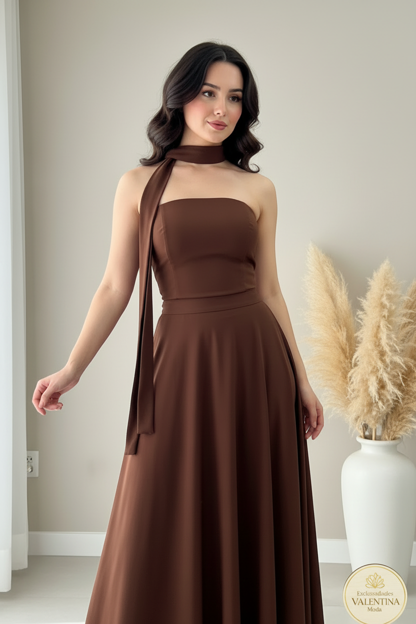 Vestido Maxi Chocolate Strapless Halter A-Line cod.00128