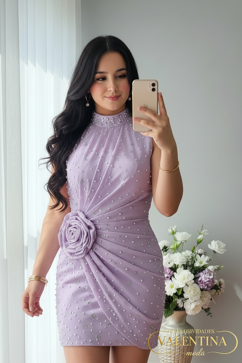 Vestido Lila Corto Rosa 3D y Perlas cod.V736