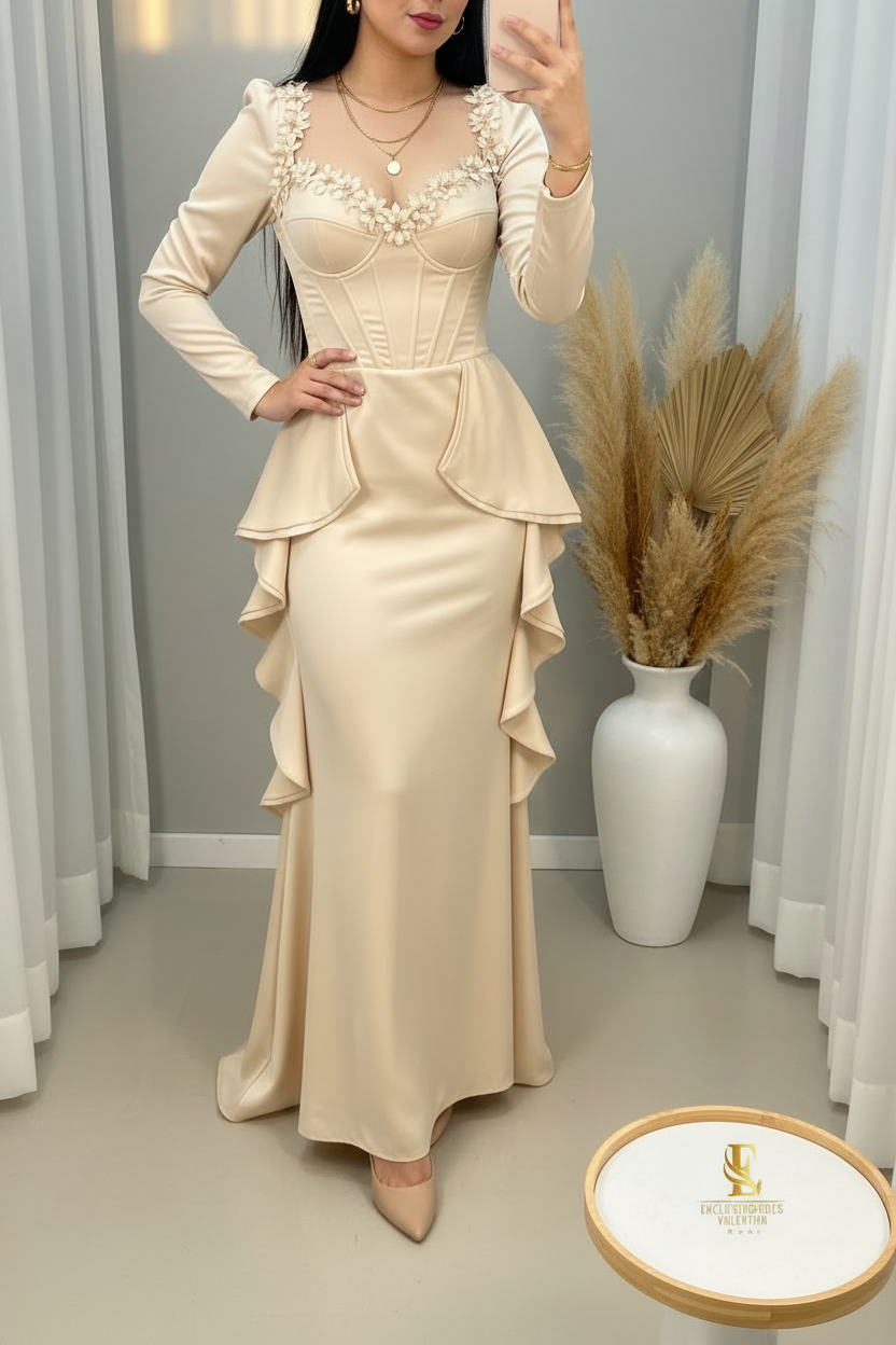 Vestido Champagne Satinado Corset Flores D cod.00170