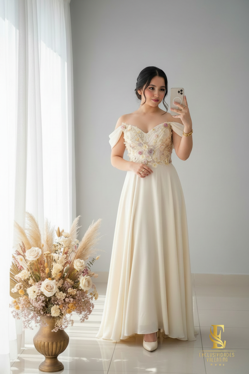 Vestido Ivory Off Shoulder Bordado Floral 3D cod.V397