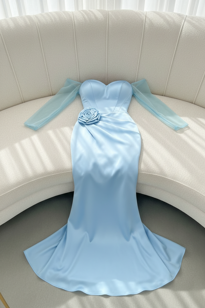 Vestido Azul Cielo Off-Shoulder Manga Tul Rosa D cod.V424