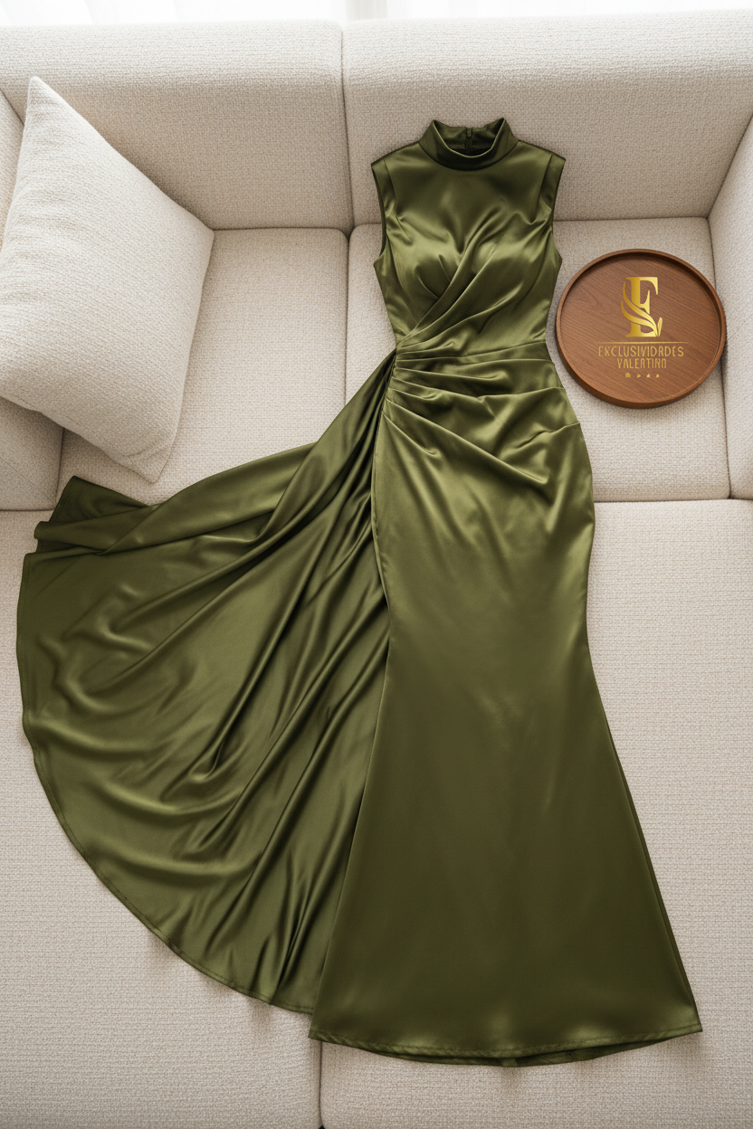 Vestido Verde Militar Satinado — Cuello Alto Drapeado con Capa Voluminosa cod.0051