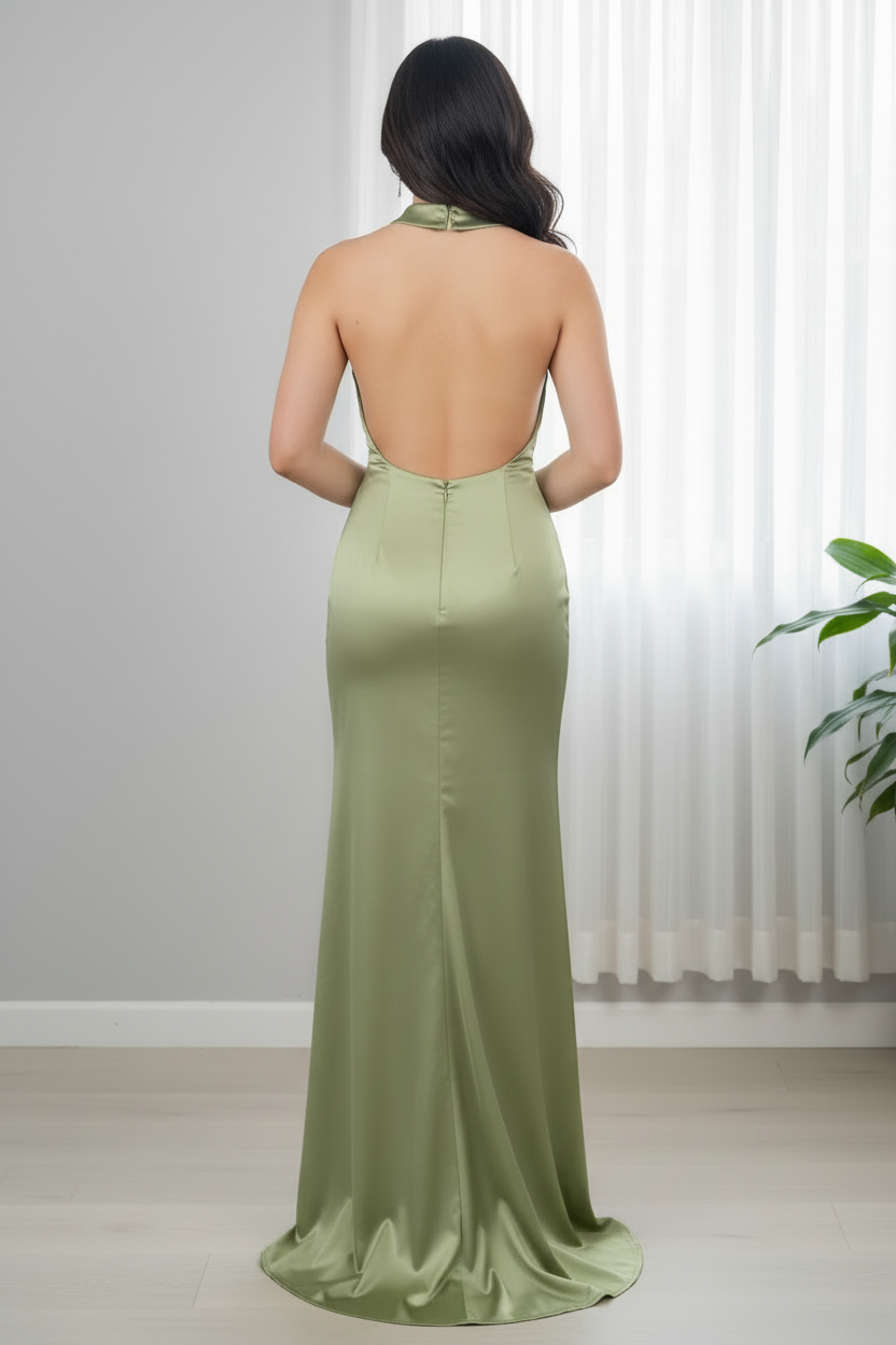 Vestido Verde Oliva Satinado Halter con Drapeado y Abertura cod.723