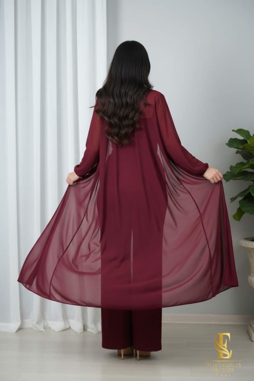 Conjunto Vino 3 Piezas — Crop Top, Palazzo & Kimono de Gasa cod.0029