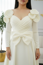 Vestido de Novia Blanco Manga Larga con Moño y Flores 3D cod.V599