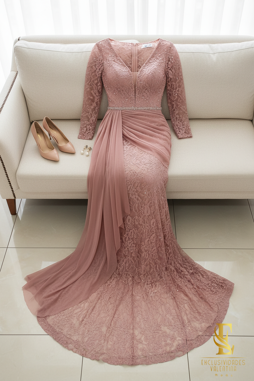 Vestido Rosa Palo Encaje Manga Larga con Pedrería y Capa Tul cod.V291