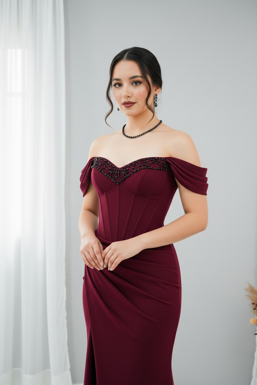 Vestido Borgoña Hombros Caídos Cristales cod.V312