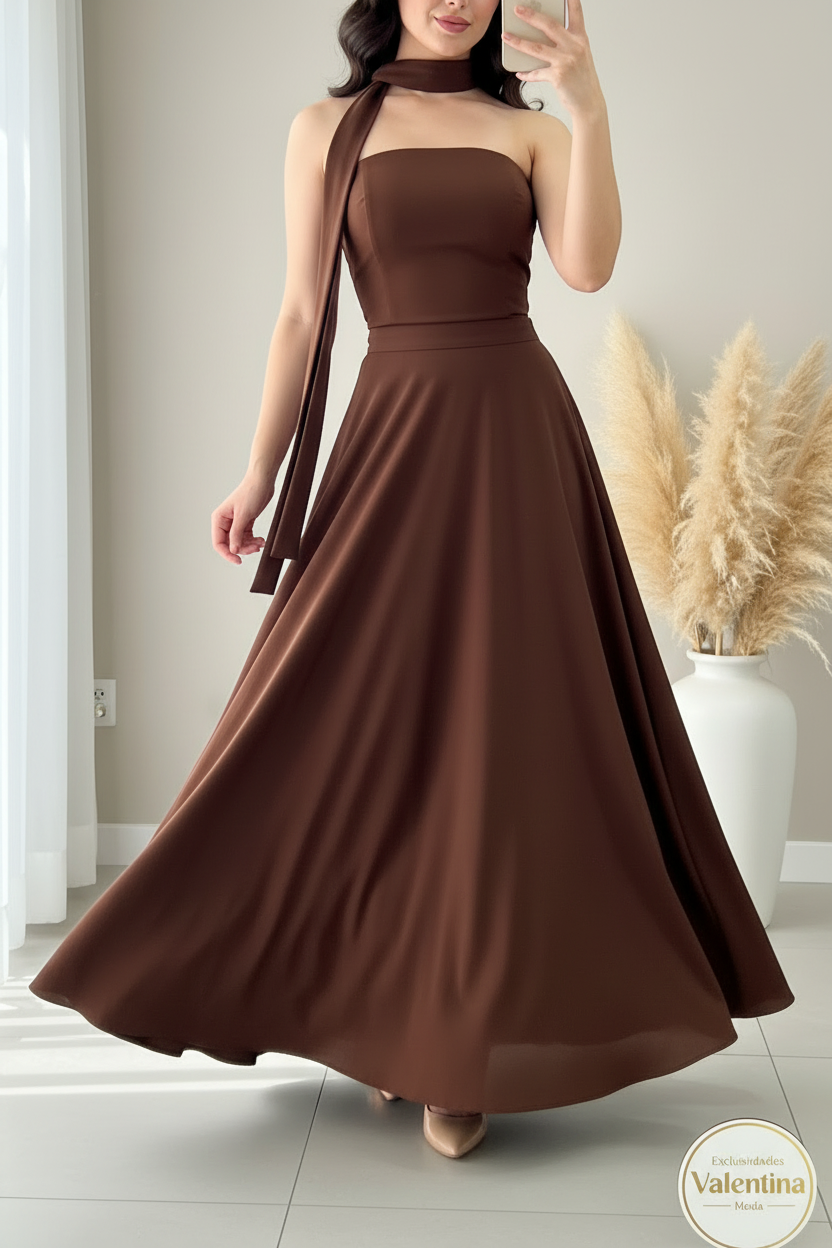 Vestido Maxi Chocolate Strapless Halter A-Line cod.00128