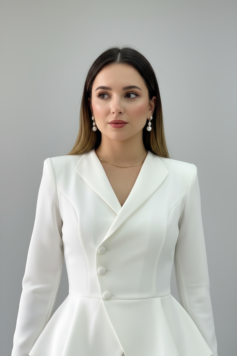 Conjunto Elegante Blanco Blazer Peplum con Falda Maxi cod.506