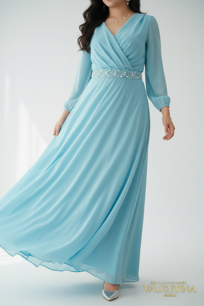 Vestido Largo Azul Cielo Manga Larga cod.704