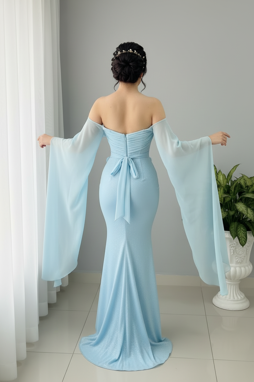 Vestido Azul Cielo Corsé Mangas Gasa cod.0010