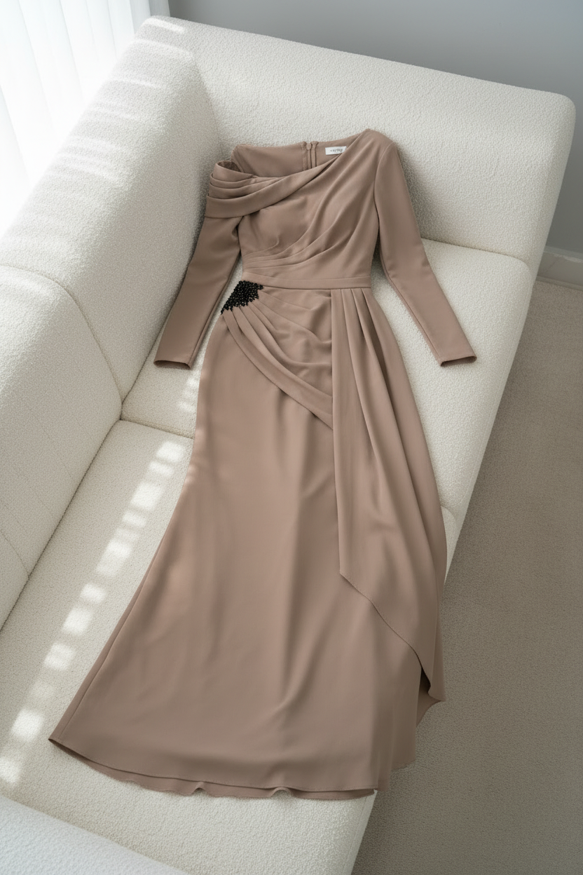 Vestido Taupe Hombro Caído Drapeado V311
