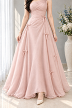 Vestido rosa palo de un hombro drapeado con lazos cod. VC005