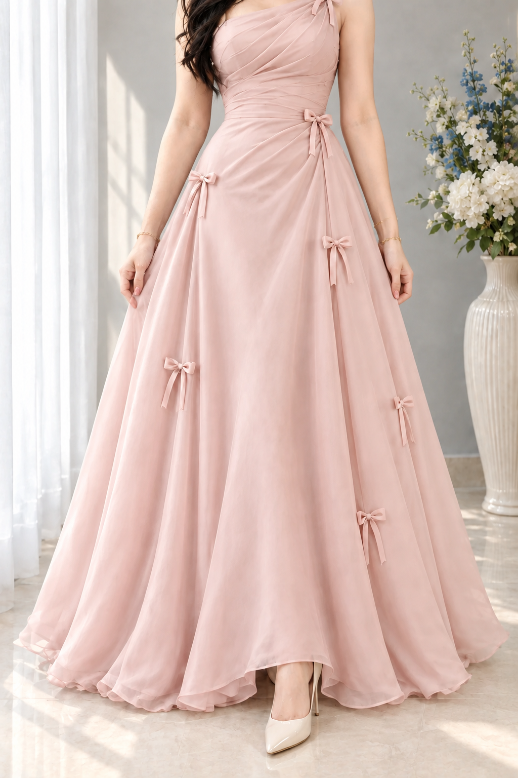 Vestido rosa palo de un hombro drapeado con lazos cod. VC005