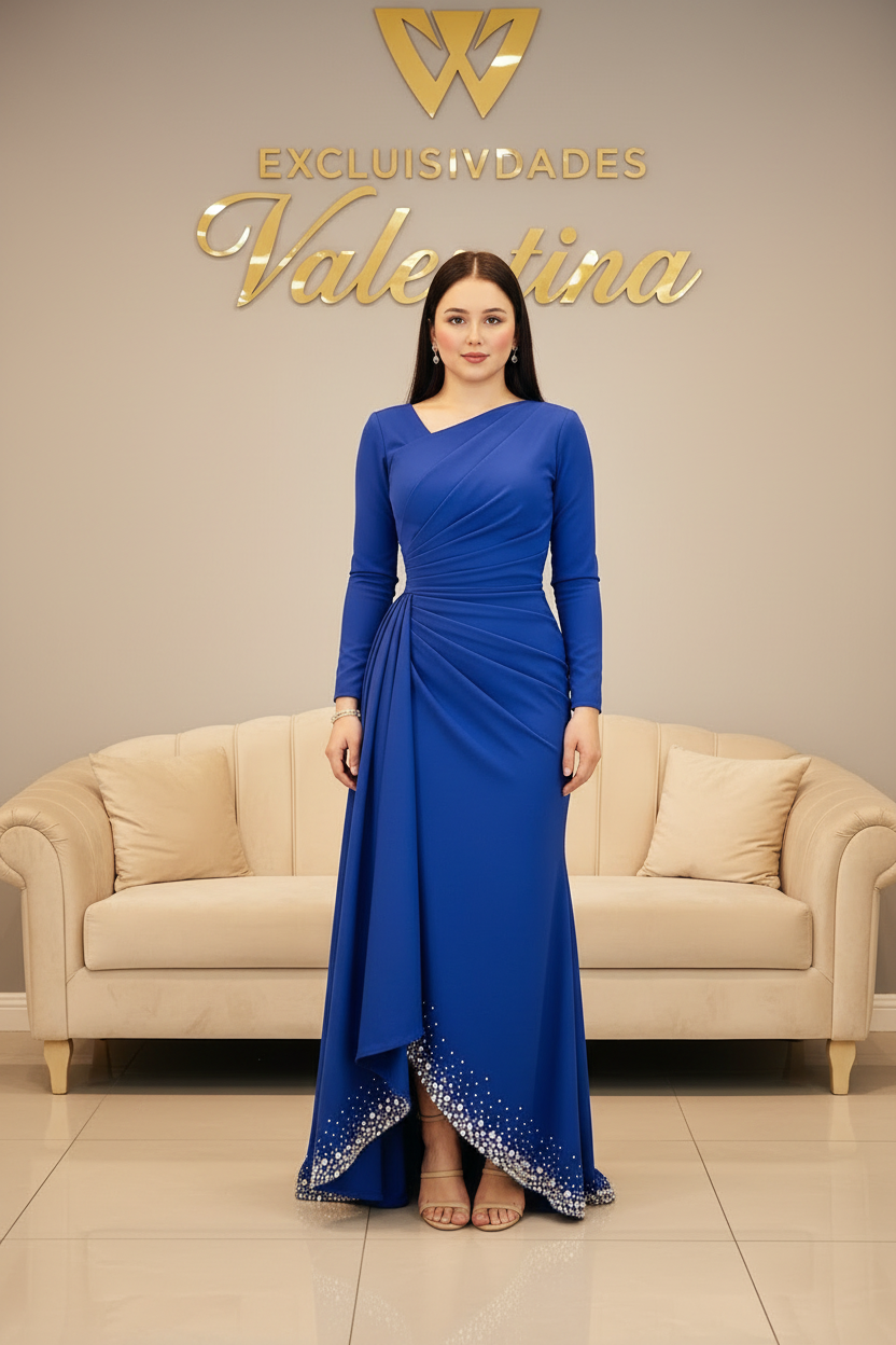 Vestido Azul Rey Escote V Cruzado Perlas Degradado | Var-020