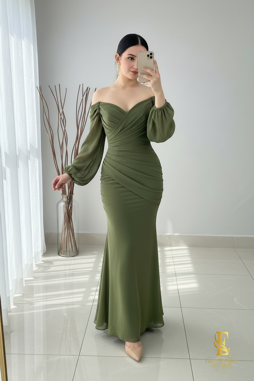 Vestido Verde Olivo Off-Shoulder Manga Globo Sirena Cod.V350
