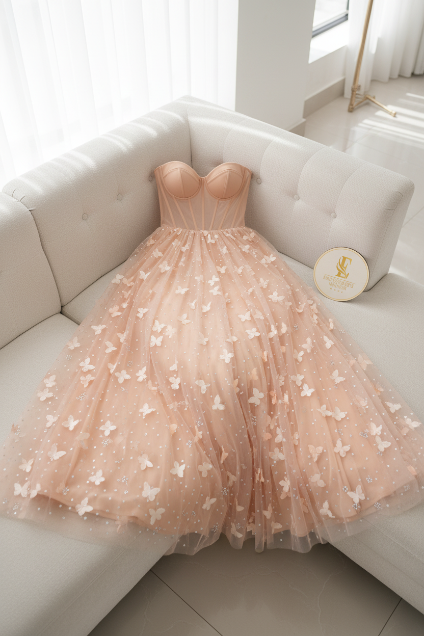 Vestido Melocotón Corset Tul Mariposas D cod.V392