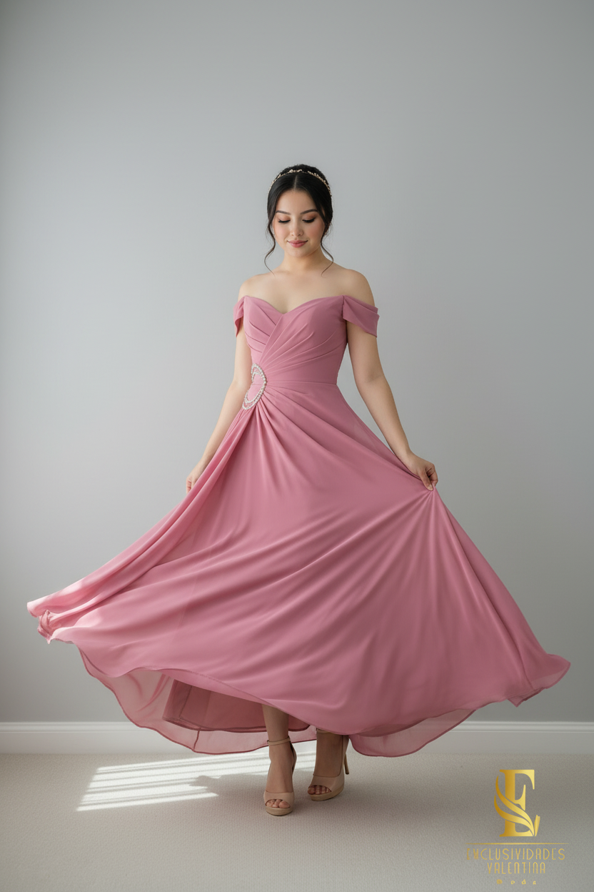 Vestido Rosa Antiguo Off-Shoulder con Broche de Perlas cod.0068