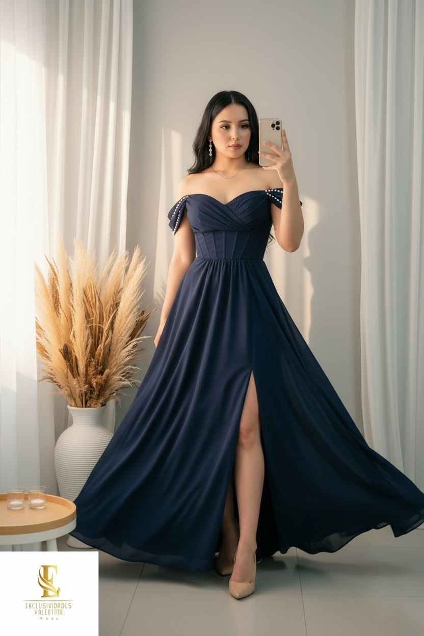 Vestido Azul Marino Off-Shoulder Perlas cod.00173