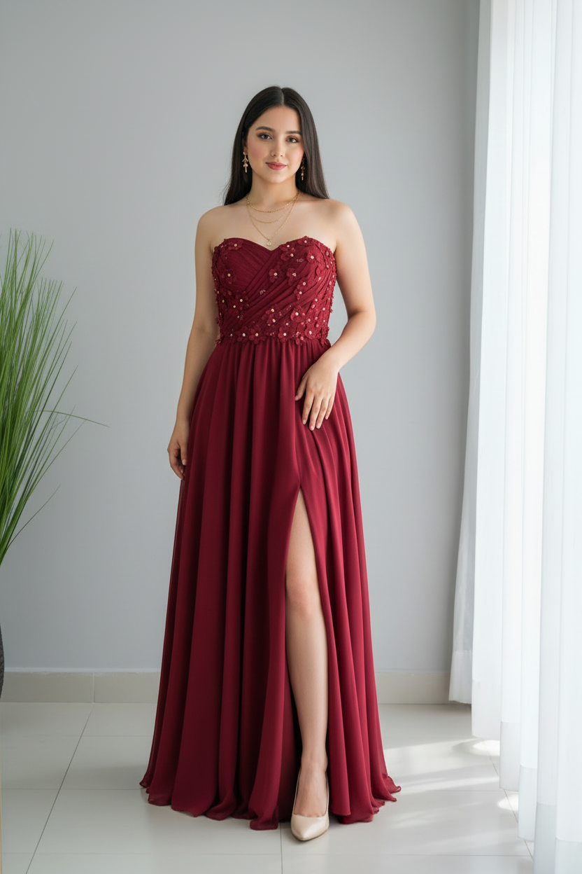 Vestido Vino Borgoña Bordado Floral  y Abertura cod.V644