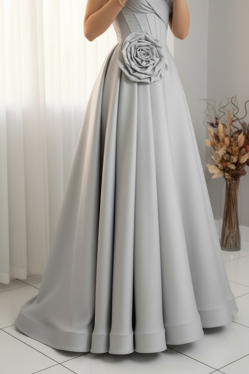 Vestido de Gala Gris Plateado con Rosa D cod.V596