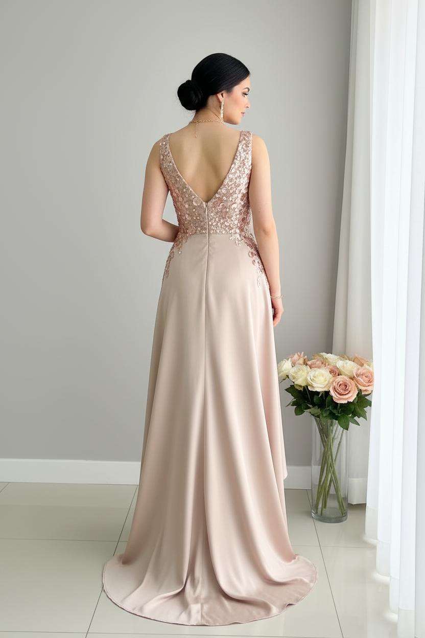 Vestido champagne bordado floral evasé C.1928