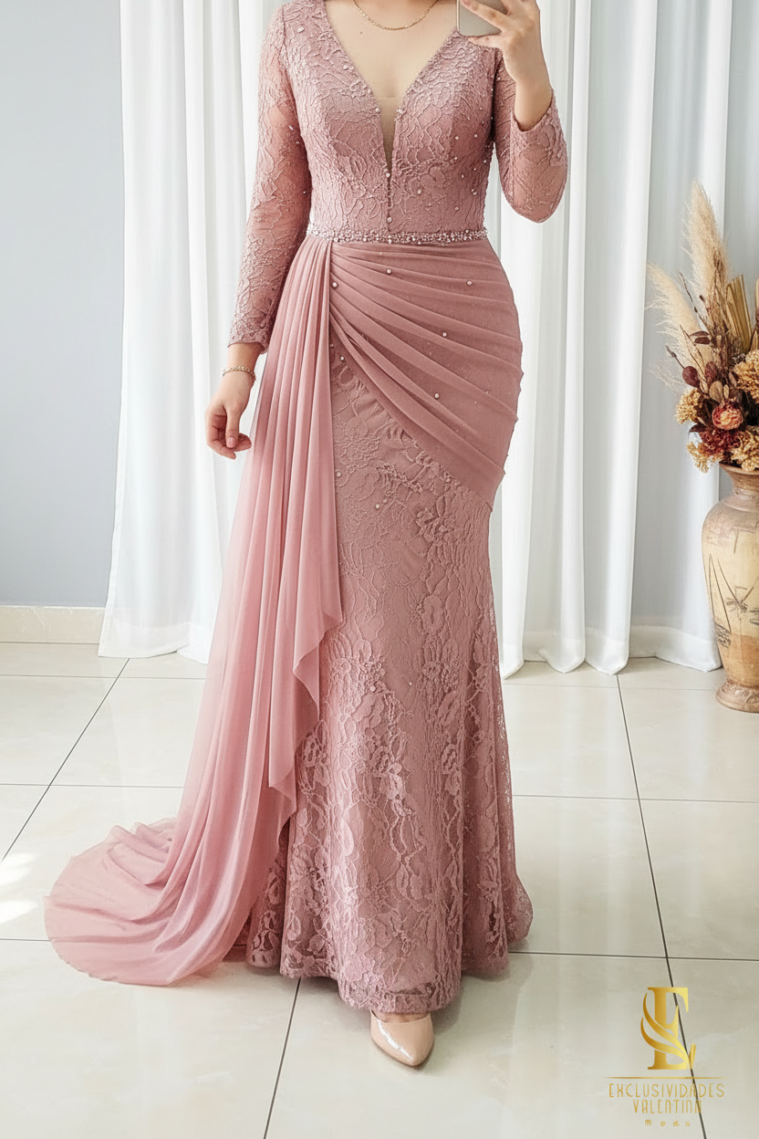 Vestido Rosa Palo Encaje Manga Larga con Pedrería y Capa Tul cod.V291