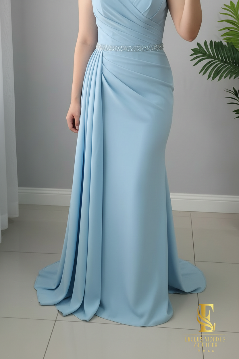 Vestido Sirena Azul Cielo con Manga Casquillo y Cinturón de Cristales cod.V244