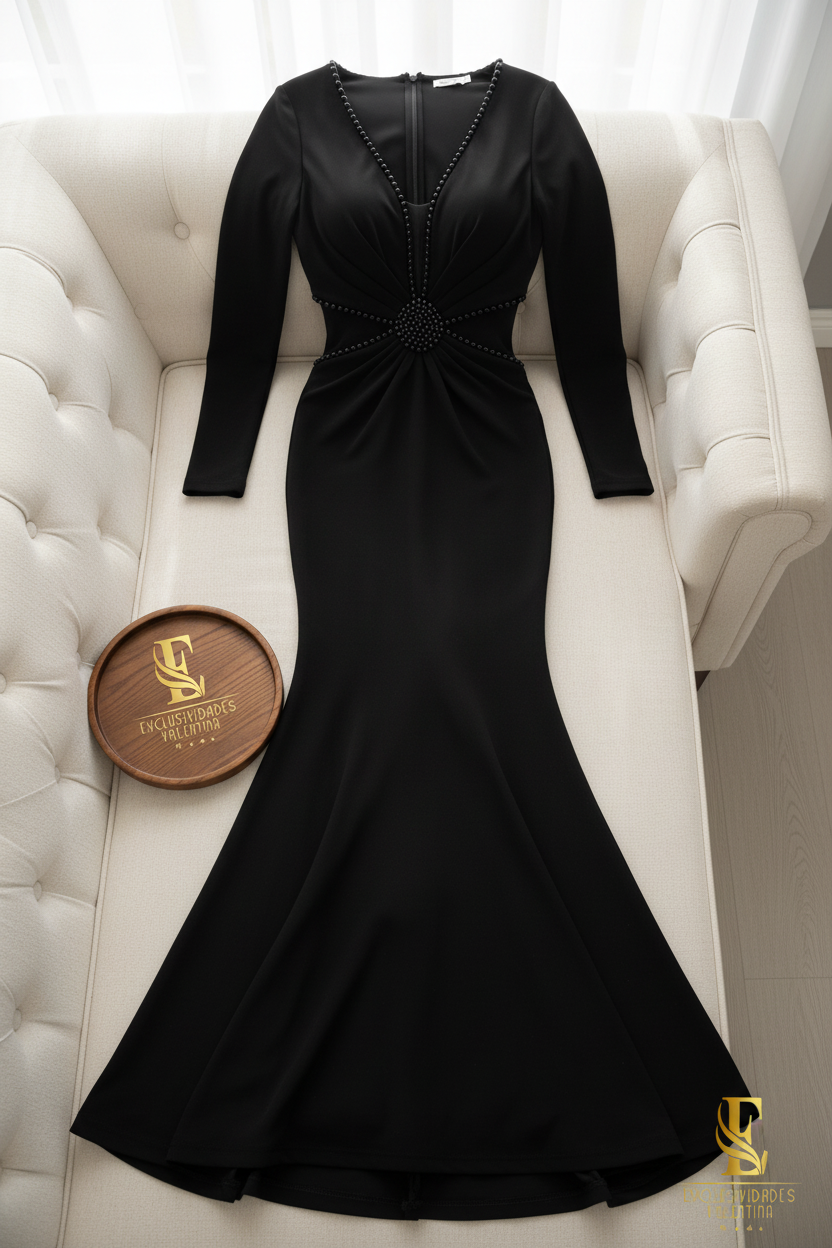 Vestido Negro Perlas Manga Larga cod.998