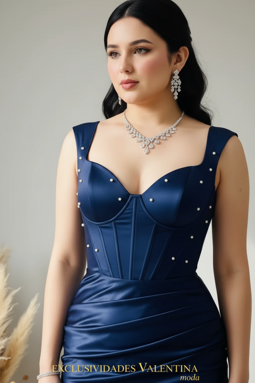 Vestido Sirena Azul Marino Satén con Perlas y Corsét cod.V856