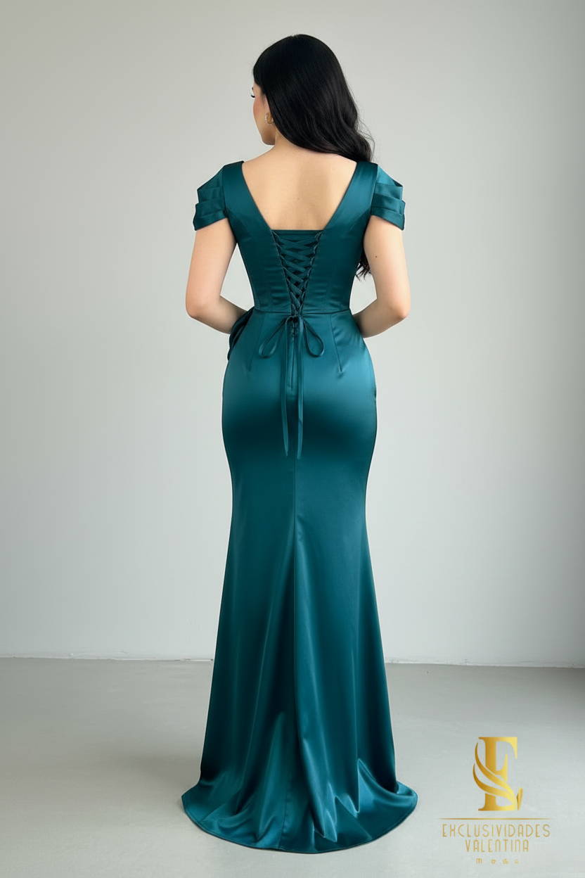Vestido Largo Verde Azulado - Corset con Rosa D3 cod.V832