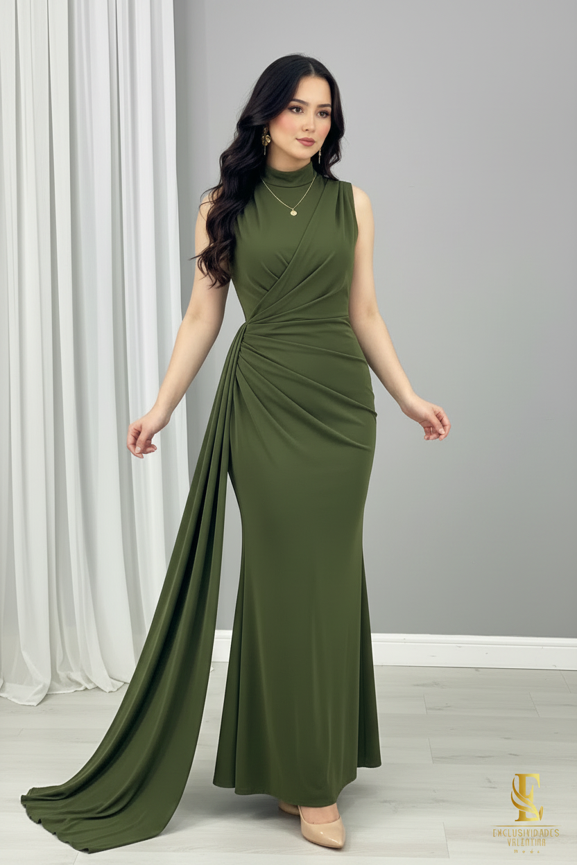 Vestido Verde Cazador — Cuello Alto Drapeado Cruzado con Cola Lateral cod.0052