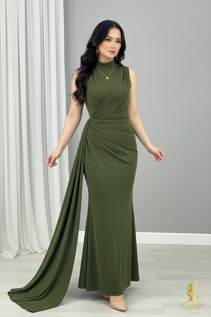 Vestido Verde Cazador — Cuello Alto Drapeado Cruzado con Cola Lateral cod.0052