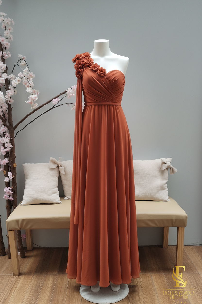 Vestido Terracota Largo Un Hombro Rosas 3D Falda Evasé cod.V298