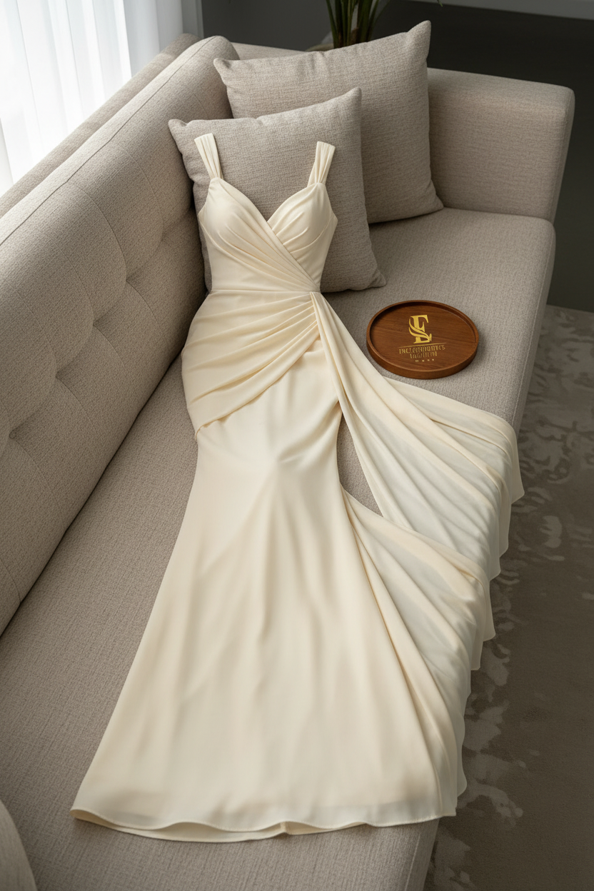 Vestido Champagne Ivory Sirena con Train Lateral cod.956