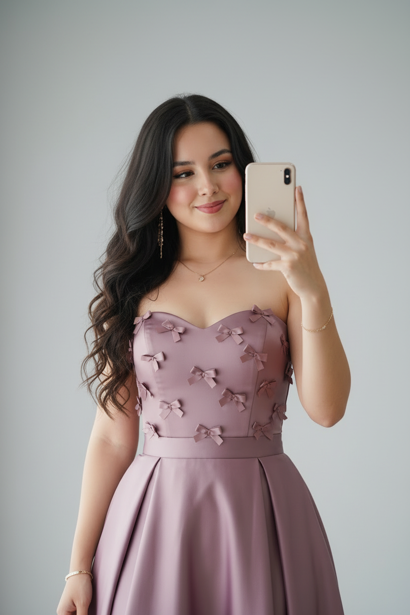 Vestido mauve strapless lazos 3D ball gown espalda corsé C.1940
