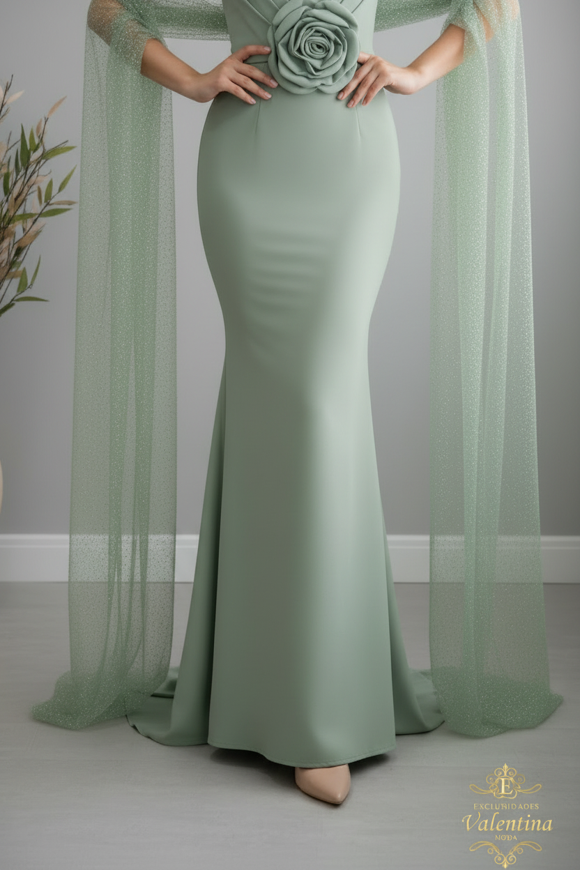 Vestido Sirena Verde Sage Rosa 3D Capa Tul cod.917