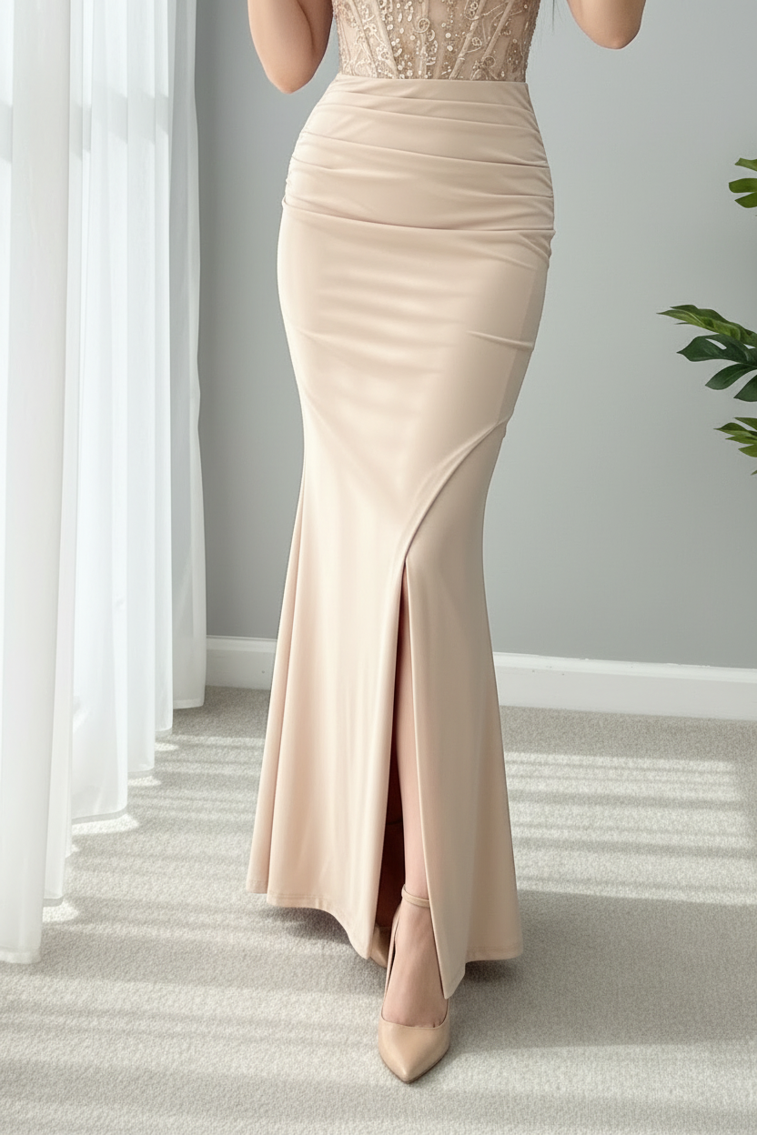 Vestido Champagne Off-Shoulder Sirena Encaje Dorado cod.V683