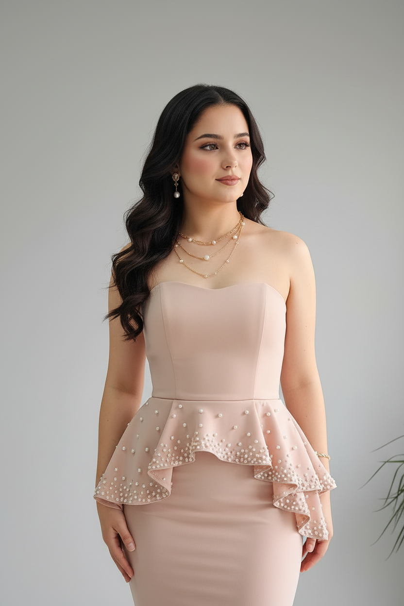 Vestido Formal Blush Strapless Peplum Doble con Perlas y Falda Sirena con Cola cod.541