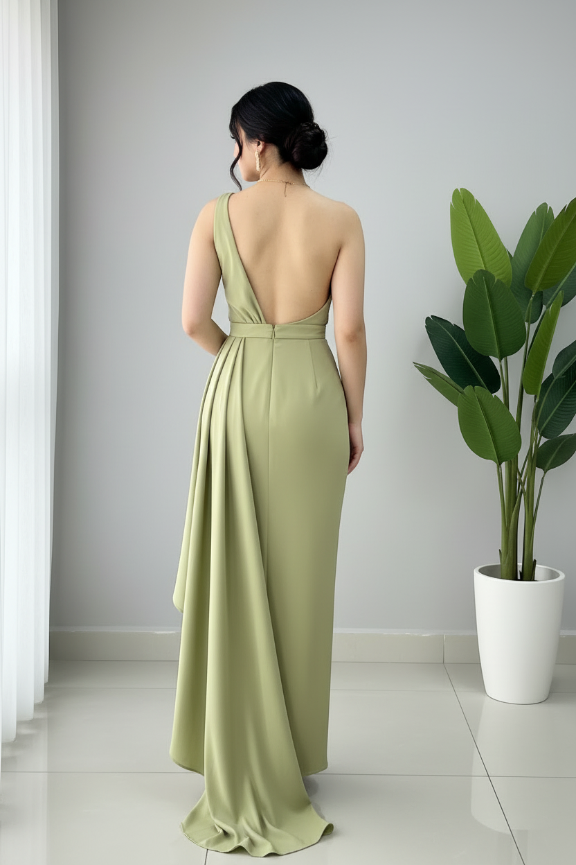 Vestido Verde Salvia Un Hombro con Rosa 3D y Drapeado Exclusivo cod.807
