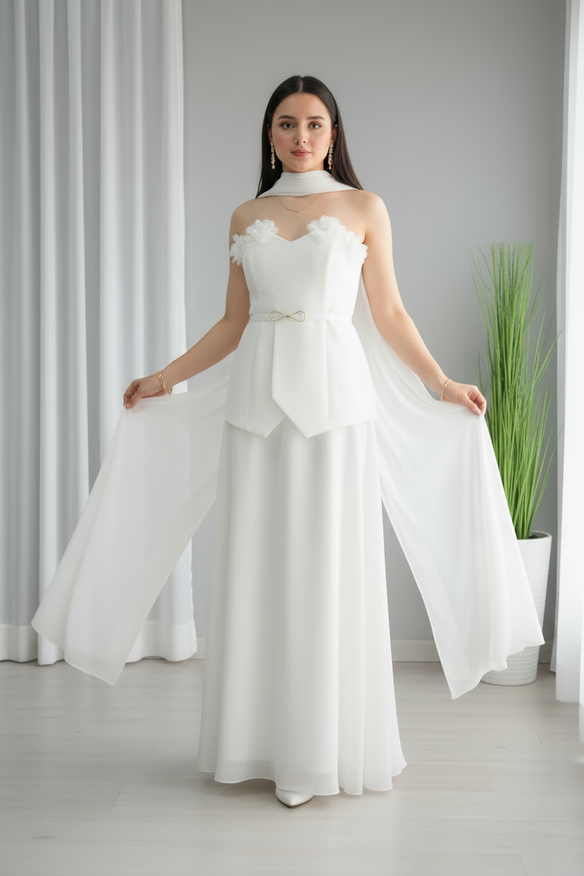 Conjunto Blanco Peplum con Capa y Flores cod.C636