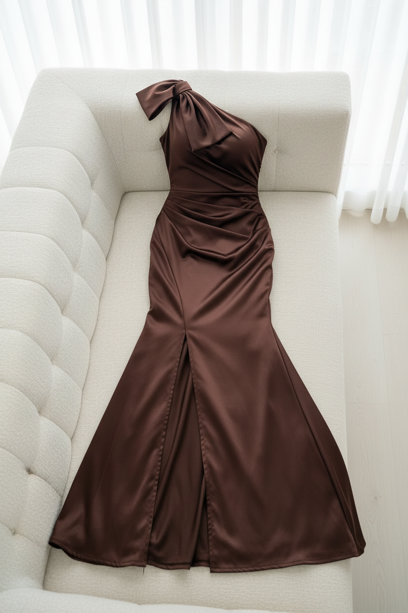 Vestido Chocolate One-Shoulder Moño cod.V423