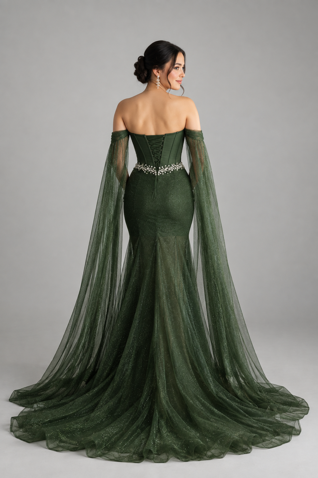 Vestido Gala Verde Olivo Strapless Corset Cristales Mangas Tul Capa cod.V0040