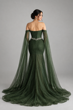 Vestido Gala Verde Olivo Strapless Corset Cristales Mangas Tul Capa cod.V0040