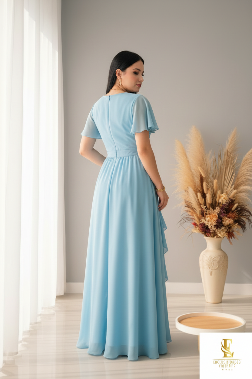 Vestido Azul Cielo Gasa Manga Mariposa cod.00165