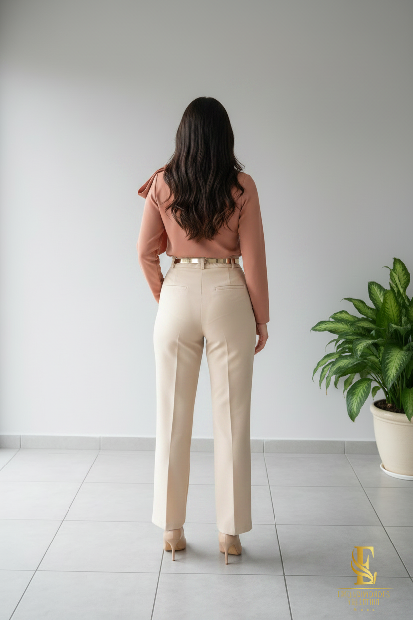 Conjunto Salmón Blusa Lazo Pantalón Recto Crema cod.C334