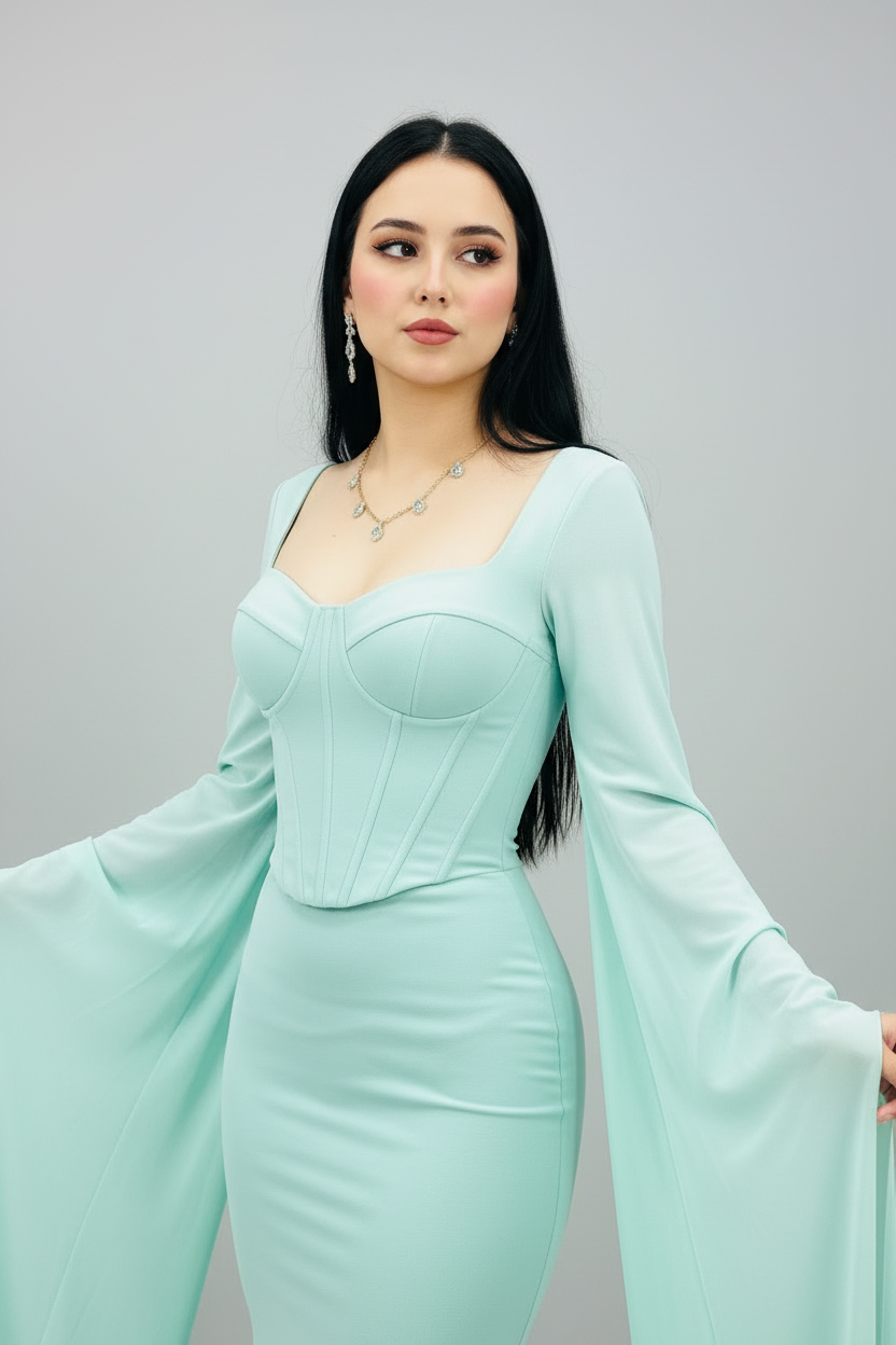 Vestido Verde Menta Corset con Mangas Campana Largas cod.647